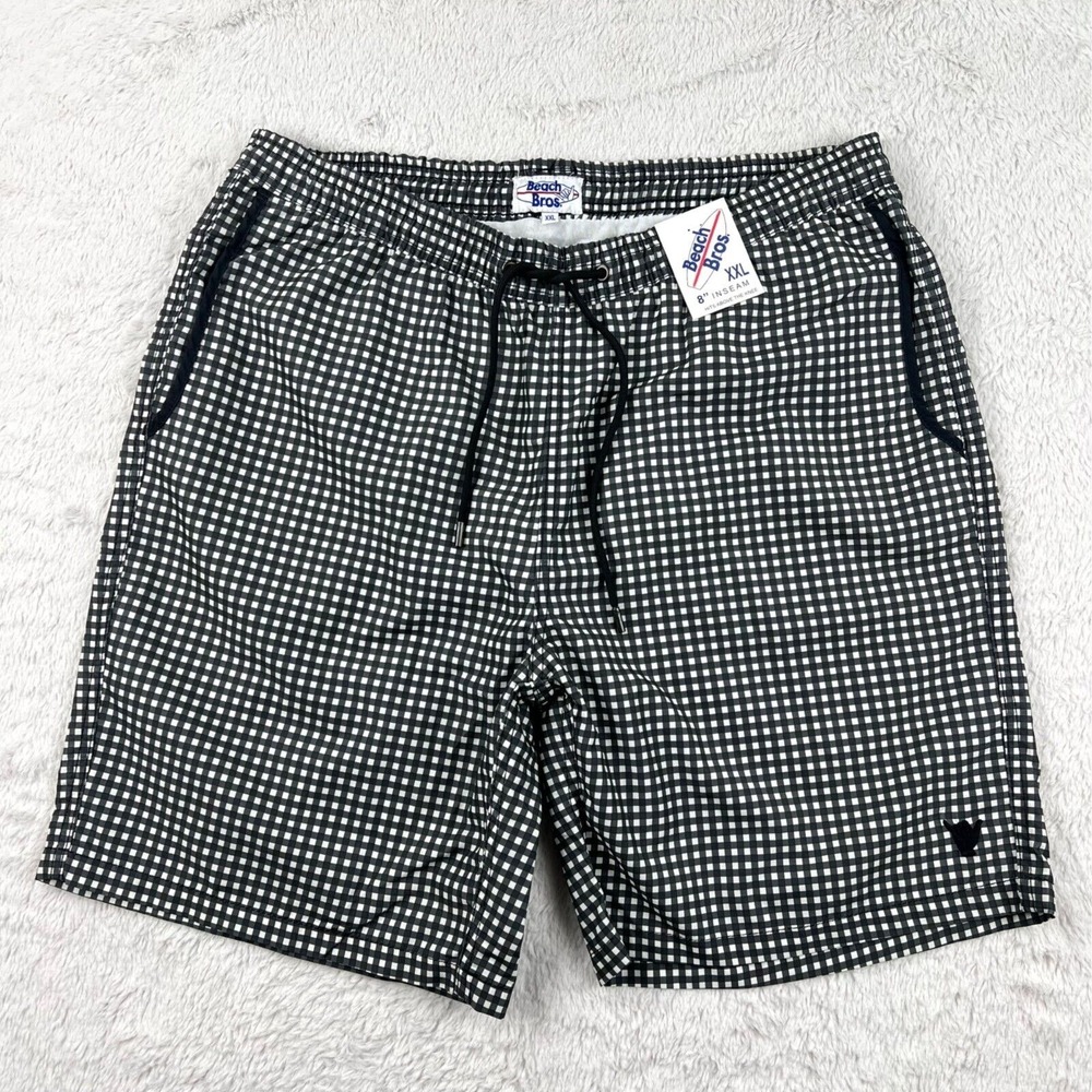 Beach Bros Swim Trunks Men XXL Shorts Black White‎ Gingham Mesh Lined NWT 8"